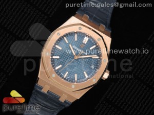 Royal Oak 41mm 15500 RG OMF 1:1 Best Edition Blue Textured Dial on Blue Leather Strap MIYOTA 9015