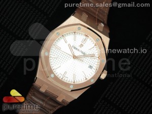 Royal Oak 41mm 15500 RG OMF 1:1 Best Edition White Textured Dial on Brown Leather Strap MIYOTA 9015