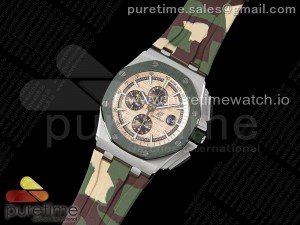 Royal Oak Offshore 44mm SS Green Ceramic Bezel APF 1:1 Best Edition Cream Dial on Camo Rubber Strap A3126