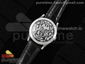 Calatrava SS FLF Best Edition Black/Silver Dial Style 1 on Black Leather Strap A240 (Micro Rotor)