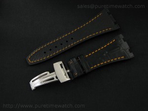 Black Hornback Croco Leather Strap with Orange Stiching