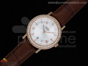 Classique Automatic RG White Dial Diamond Bezel on Leather Strap A2824