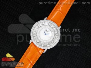Happy Sport Diamonds SS White MOP Dial on Orange Leather Strap Swiss Quartz