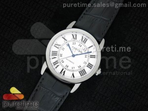 Ronde Solo De Cartier SS White Dial Roman Markers on Black Leather Strap A2824