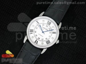 Ronde Solo De Cartier SS Diamonds Bezel White Dial Roman/Diamonds Markers on Black Leather Strap A2824