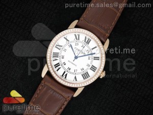 Ronde Solo De Cartier RG Diamonds Bezel White Dial Roman Markers on Brown Leather Strap A2824