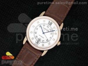 Ronde Solo De Cartier RG Diamonds Bezel/Markers White Dial on Brown Leather Strap A2824