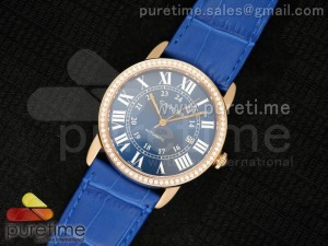 Ronde Solo De Cartier RG Diamonds Bezel Blue Dial Roman Markers on Blue Leather Strap A2824