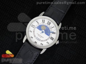 Ronde Solo De Cartier 42mm SS Moonphase White Dial on Black Leather Strap A2824