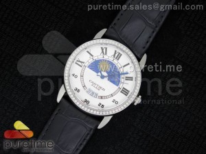 Ronde Solo De Cartier 42mm SS Moonphase White Dial Diamonds Bezel on Black Leather Strap A2824