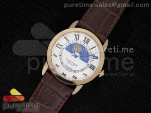 Ronde Solo De Cartier 42mm RG Moonphase White Dial on Brown Leather Strap A2824