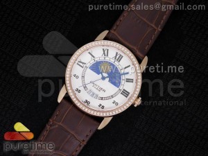 Ronde Solo De Cartier 42mm RG Moonphase White Dial Diamonds Bezel on Brown Leather Strap A2824