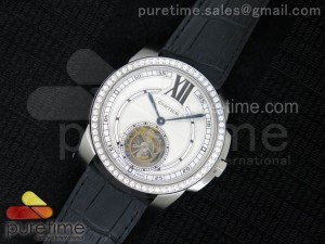 Calibre de Cartier SS Tourbillon White Dial Diamonds Bezel on Black Leather Strap