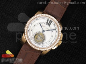 Calibre de Cartier RG Tourbillon White Dial Diamonds Bezel on Brown Leather Strap