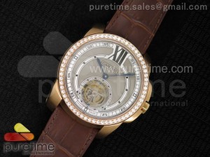 Calibre de Cartier RG Tourbillon Gray Dial Diamonds Bezel on Brown Leather Strap