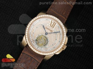 Calibre de Cartier RG Tourbillon Diamonds Dial Diamonds Bezel on Brown Leather Strap