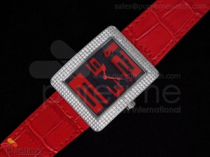 Infinity SS Black Dial Red Numeral Markers Diamond Bezel on Red Leather Strap