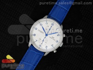Portuguese 40mm Chrono SS White Dial Blue Hands on Blue Leather Strap A7750