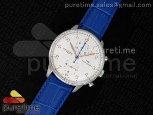 Portuguese 40mm Chrono SS White Dial RG Hands on Blue Leather Strap A7750
