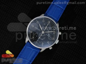 Portuguese 40mm Chrono SS Black Dial on Blue Leather Strap A7750
