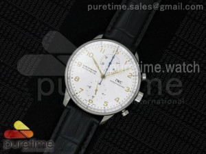 Portuguese Chrono SS 40mm White Dial YG Hands and Markers on Black Leather Strap A7750
