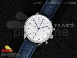 Portuguese Chrono SS 40mm White Dial Blue Hands and Markers on Blue Leather Strap A7750