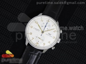 Portuguese Chronograph Automatic SS White Dial Gold Markers on Black Leather Strap A7750