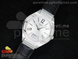 Piaget Polo SS Silver Dial Diamonds Bezel on Black Leather Strap MIYOTA9015