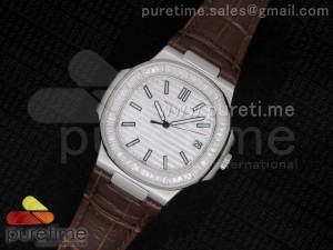 Nautilus SS White Dial Crystal Bezel on Brown Leather Strap A23J