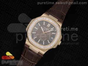 Nautilus RG Brown Dial Crystal Bezel on Brown Leather Strap A23J
