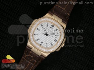 Nautilus RG White Dial Crystal Bezel on Brown Leather Strap A23J