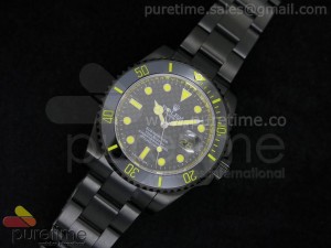 BOC Submariner PVD All Black Dial Yellow Markers on PVD Bracelet A2813