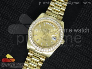Day Date II YG Yellow Gold Dial Diamonds Bezel Crystal Markers on YG Bracelet A3255