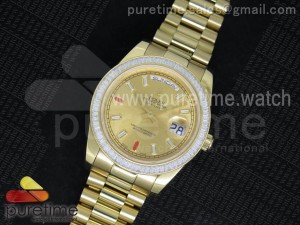 Day Date II YG Yellow Gold Dial Diamonds Bezel White/Red Crystal Markers on YG Bracelet A3255