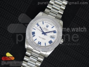 Day Date II SS White Dial Blue Hands and Markers on SS Bracelet A3255