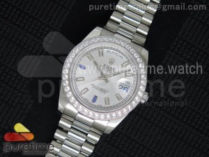 Day Date II SS White Dial Diamonds Bezel White/Blue Crystal Markers on SS Bracelet A3255