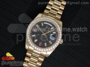 Day Date II RG Black Dial Diamonds Bezel White/Red Crystal Markers on RG Bracelet A3255