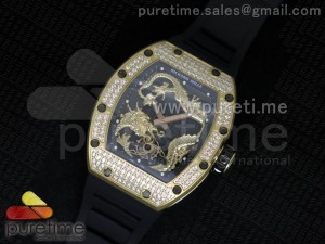 RM057 Dragon-Jackie Chan YG Yellow Gold Dragon Dial Diamonds Bezel on Black Rubber Strap A2824