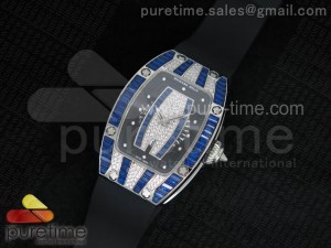 RM 007 Lady SS Full Paved Blue Crystal Case Diamonds Dial on Black Rubber Strap 6T51