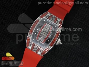 RM 007 Lady SS Full Paved Red Crystal Case Diamonds Dial on Red Rubber Strap 6T51