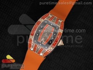 RM 007 Lady RG Full Paved Orange Crystal Case Diamonds Dial on Orange Rubber Strap 6T51