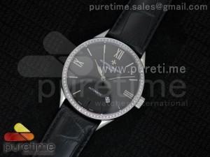 Patrimony 40mm SS Black Dial Roman Number Markers Diamons Bezel on Black Leather Strap A2824