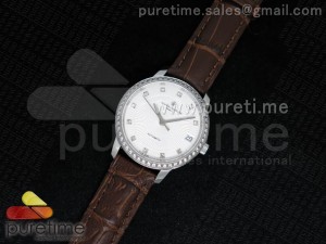 Patrimony Traditionnelle Lday SS White Dial Diamonds Bezel on Brown Leather Strap A2824