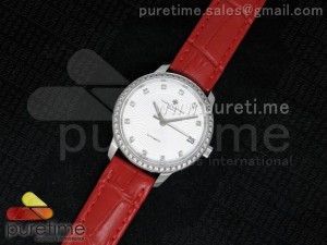 Patrimony Traditionnelle Lday SS White Dial Diamonds Bezel on Red Leather Strap A2824