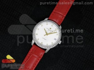 Patrimony Traditionnelle Lday SS White Dial YG Markers Diamonds Bezel on Red Leather Strap A2824
