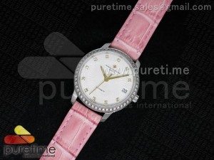 Patrimony Traditionnelle Lday SS White Textured Dial Diamonds Bezel on Pink Leather Strap A2824