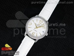 Patrimony Traditionnelle Lday SS White Dial Diamonds Bezel on White Leather Strap A2824