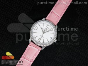 Patrimony Traditionnelle Lday SS White Dial Diamonds Bezel on Pink Leather Strap A2824