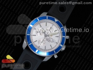 Superocean Heritage ii Chrono 46 SS OMF 1:1 Best Edition Blue Bezel White Dial on Black Rubber Strap A7750