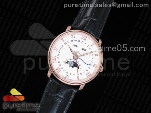 Villeret 6654 RG Complicated Function OMF 1:1 Best Edition White Textured Dial on Black Leather Strap A6654